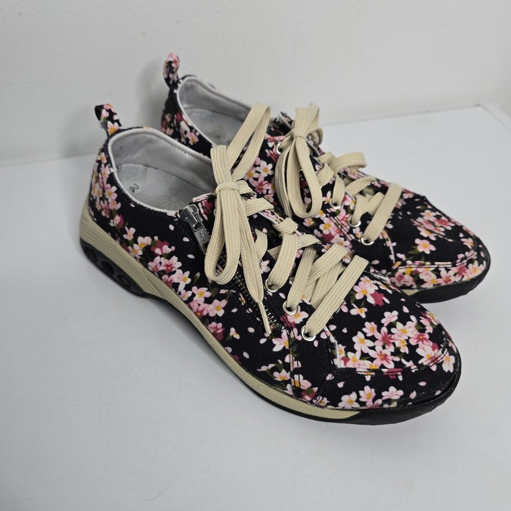 Therafit Womens 8.5 Sienna Black Pink Flowers‎ Floral Shoes Zipper Casual Sport